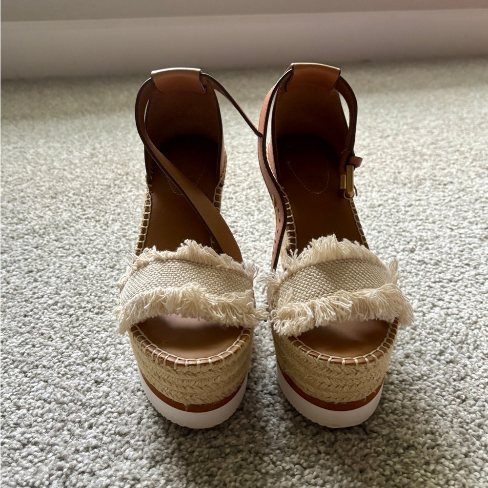 See By Chloe Cream and Tan Espadrille Platform Sandals